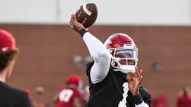Razorbacks quarterback KJ Jefferson during Friday morning's practice